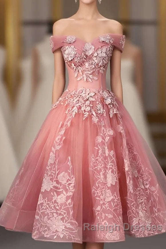 Pink Tulle Lace Off Shoulder Short Prom Dress, Pink Homecoming Dress