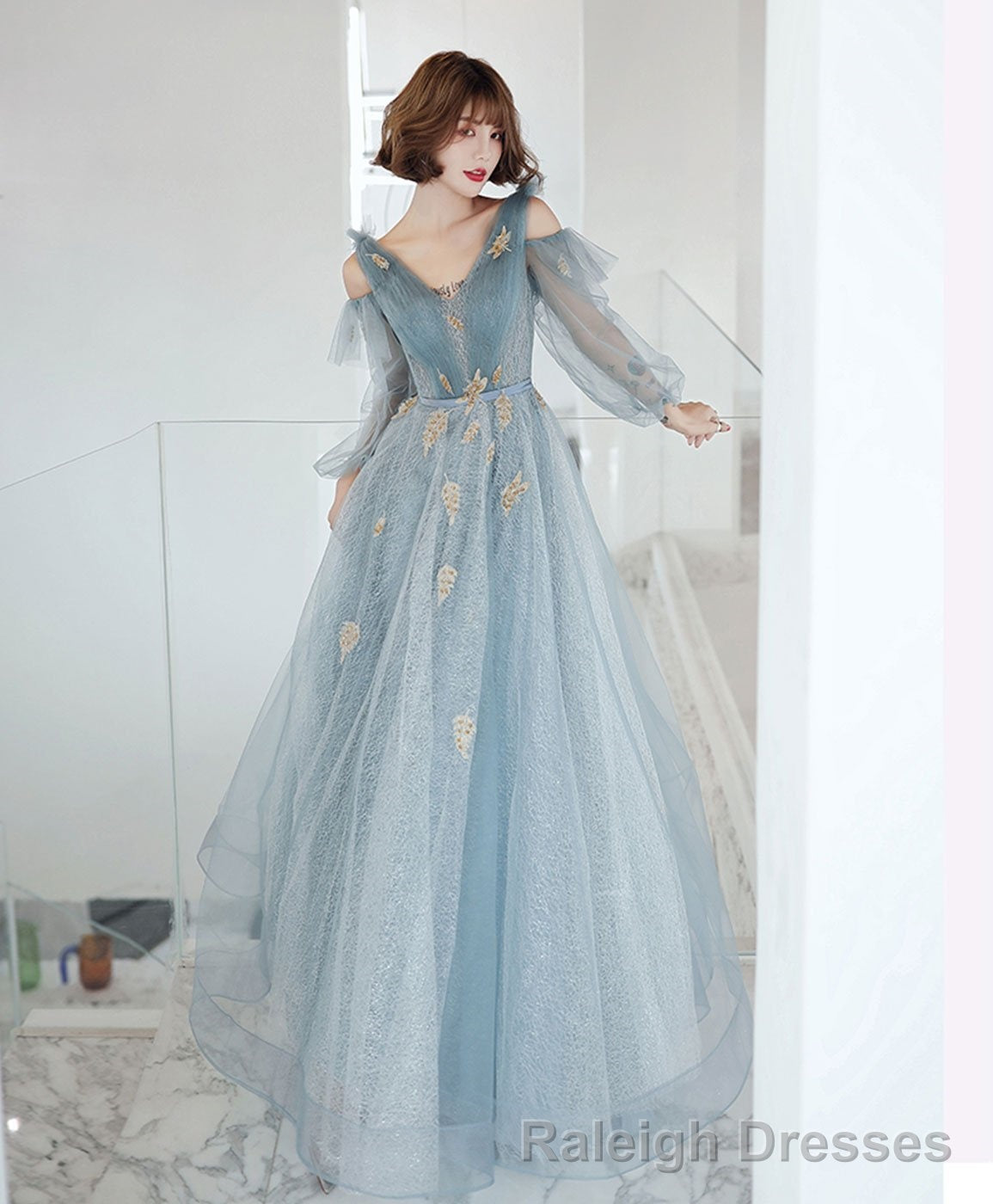 Blue V Neck Tulle Lace Long Prom Dress Blue Lace Formal Dress