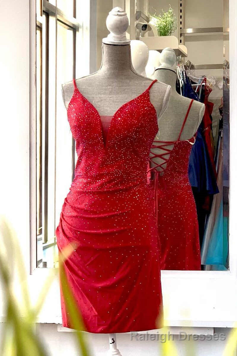 Red Beaded Lace-Up Bodycon Mini Homecoming Dress Main image