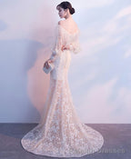 Champagne Tulle Lace Mermaid Long Prom Dress Tulle Lace Prom Dress