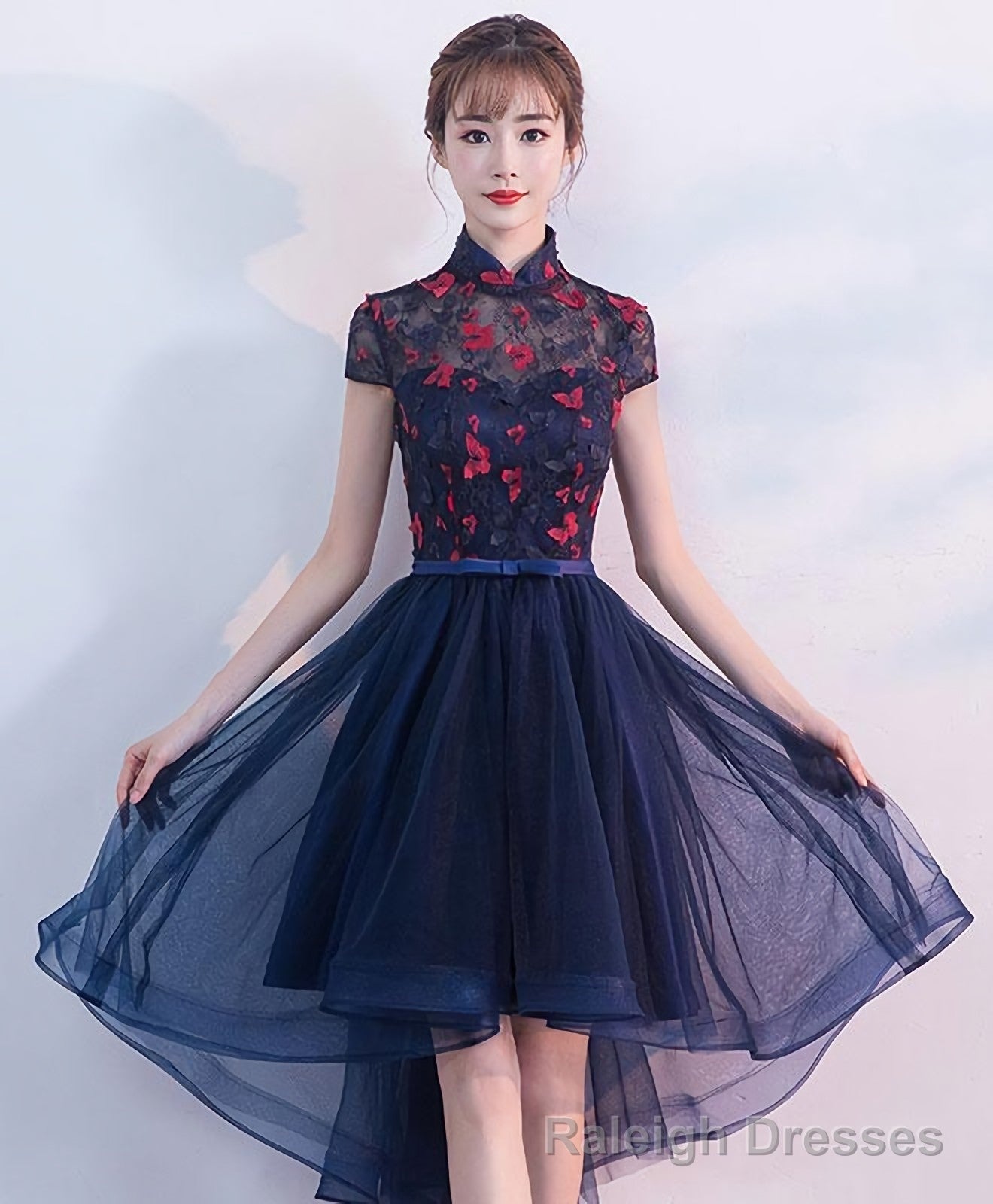Blue Tulle Lace High Low Prom Dress, Blue Homecoming Dress Secondary image