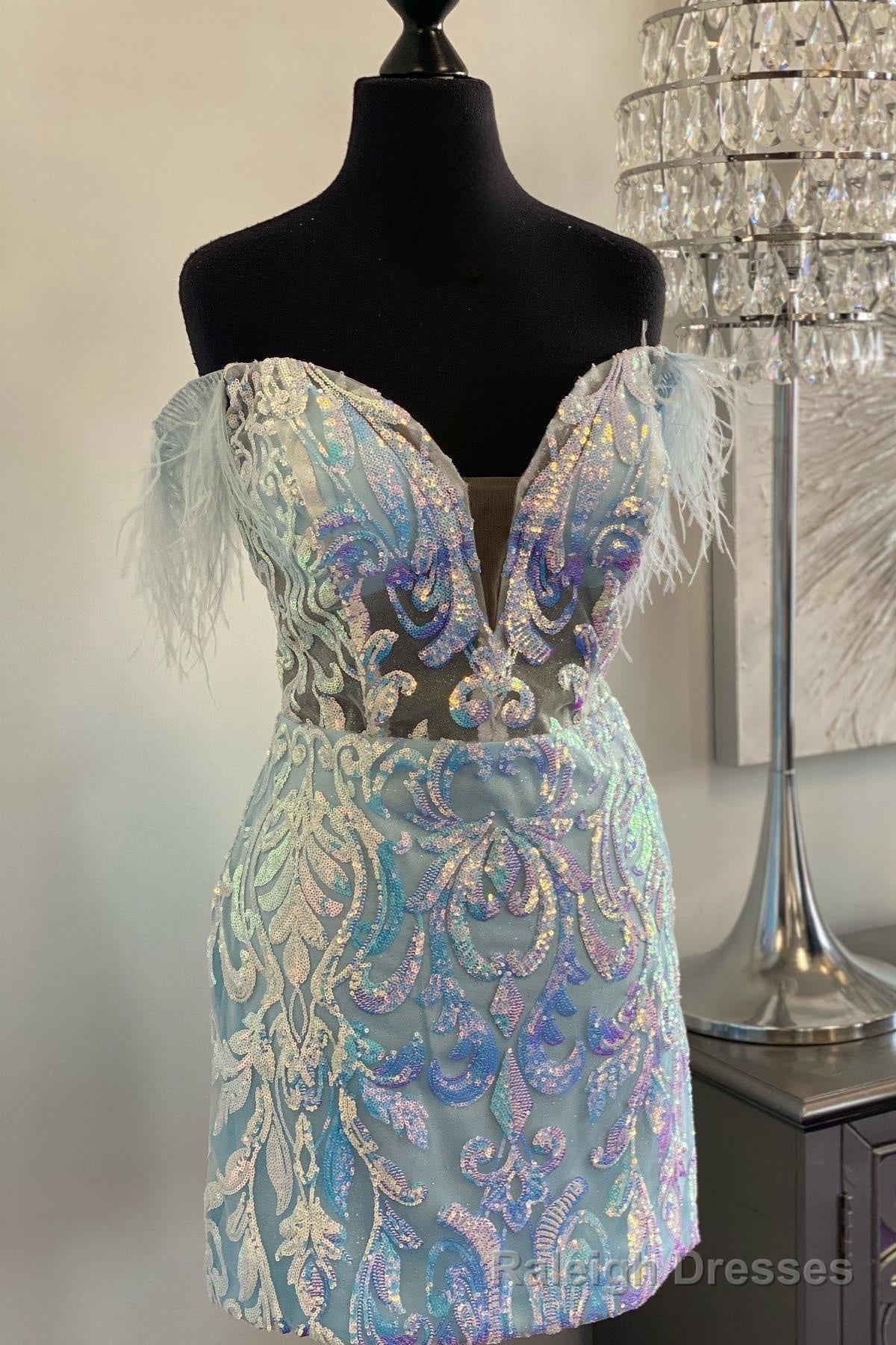 Light Blue Off-the-Shoulder Sequin-Embroidered Feathers Homecoming Dress Main image