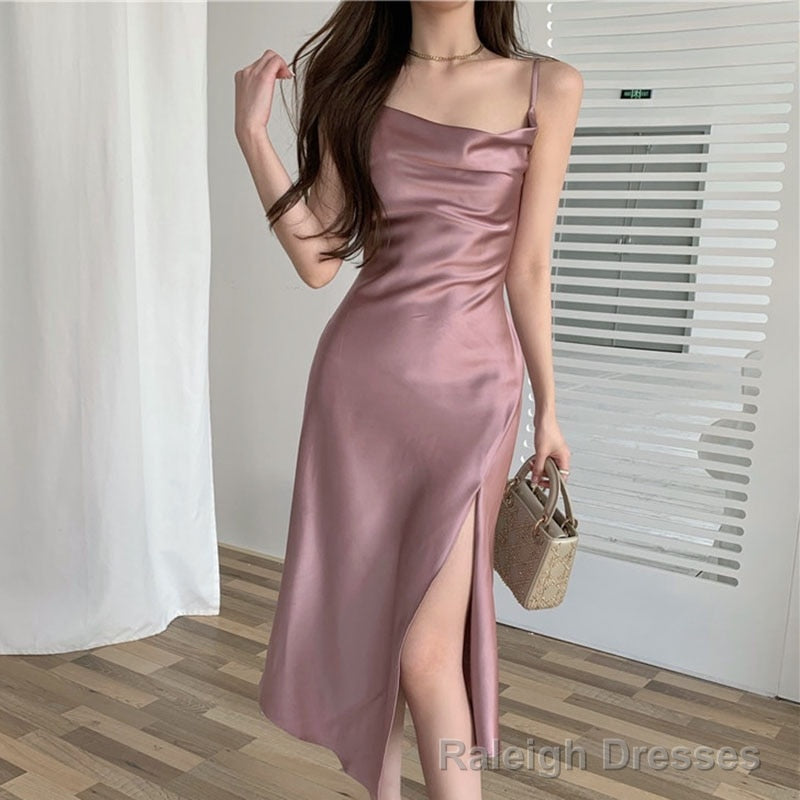 Summer Women Sexy Party Dress High Slit Spaghetti Strap Vintage Pink Long Satin Slip Dress Plus Size Main image