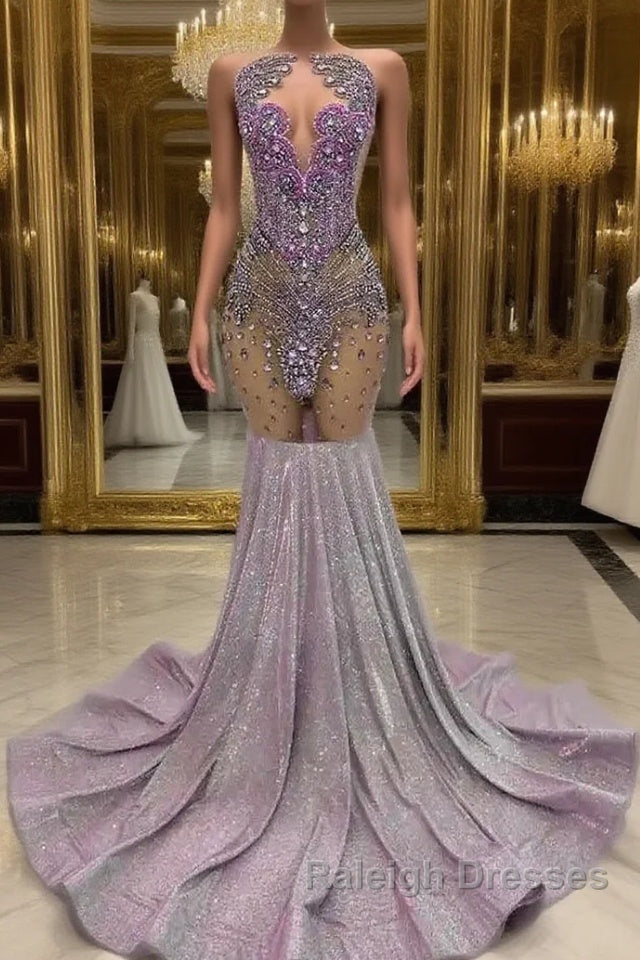 Purple Mermaid Prom Dress Sleeveless with Long Beadings Main image