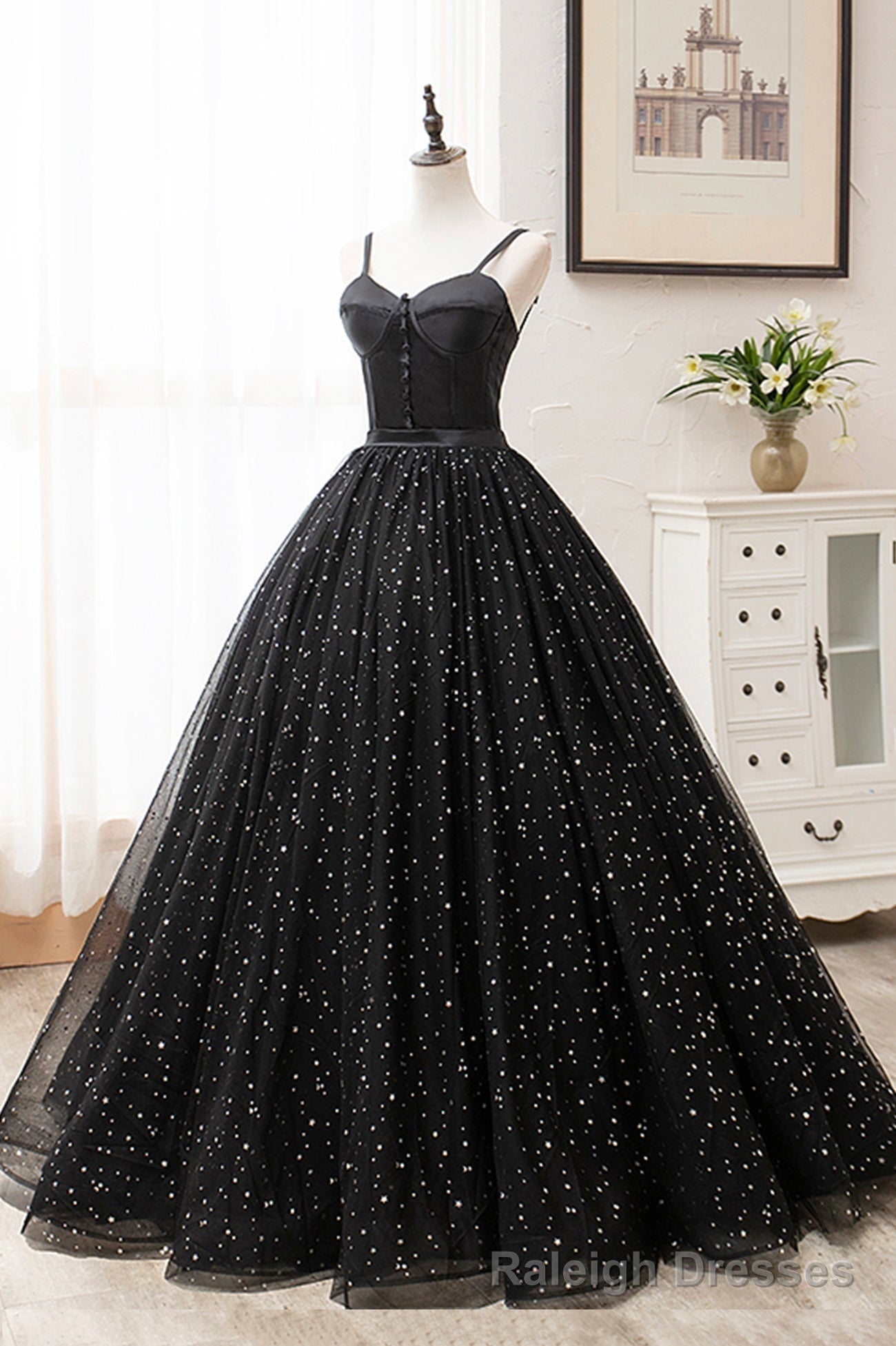 Black Tulle Long A-Line Long Prom Dresses, Black Evening Party Dresses Main image