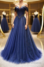 A-Line Tulle Beading Long Prom Dresses, Off the Shoulder Evening Dresses