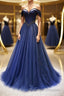 A-Line Tulle Beading Long Prom Dresses, Off the Shoulder Evening Dresses