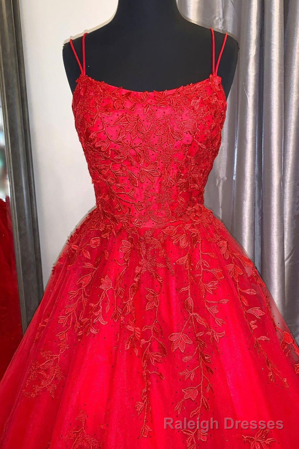 Red Lace Long Backless Prom Dresses, Red Formal Graduation Dresses Secondary image