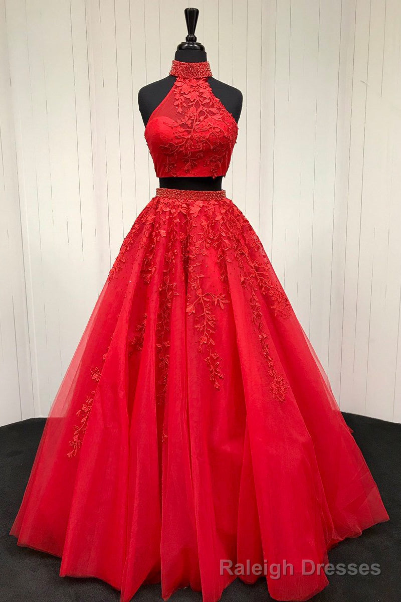 Elegant High Neck Two Piece Red Long Prom Dress Secondary image