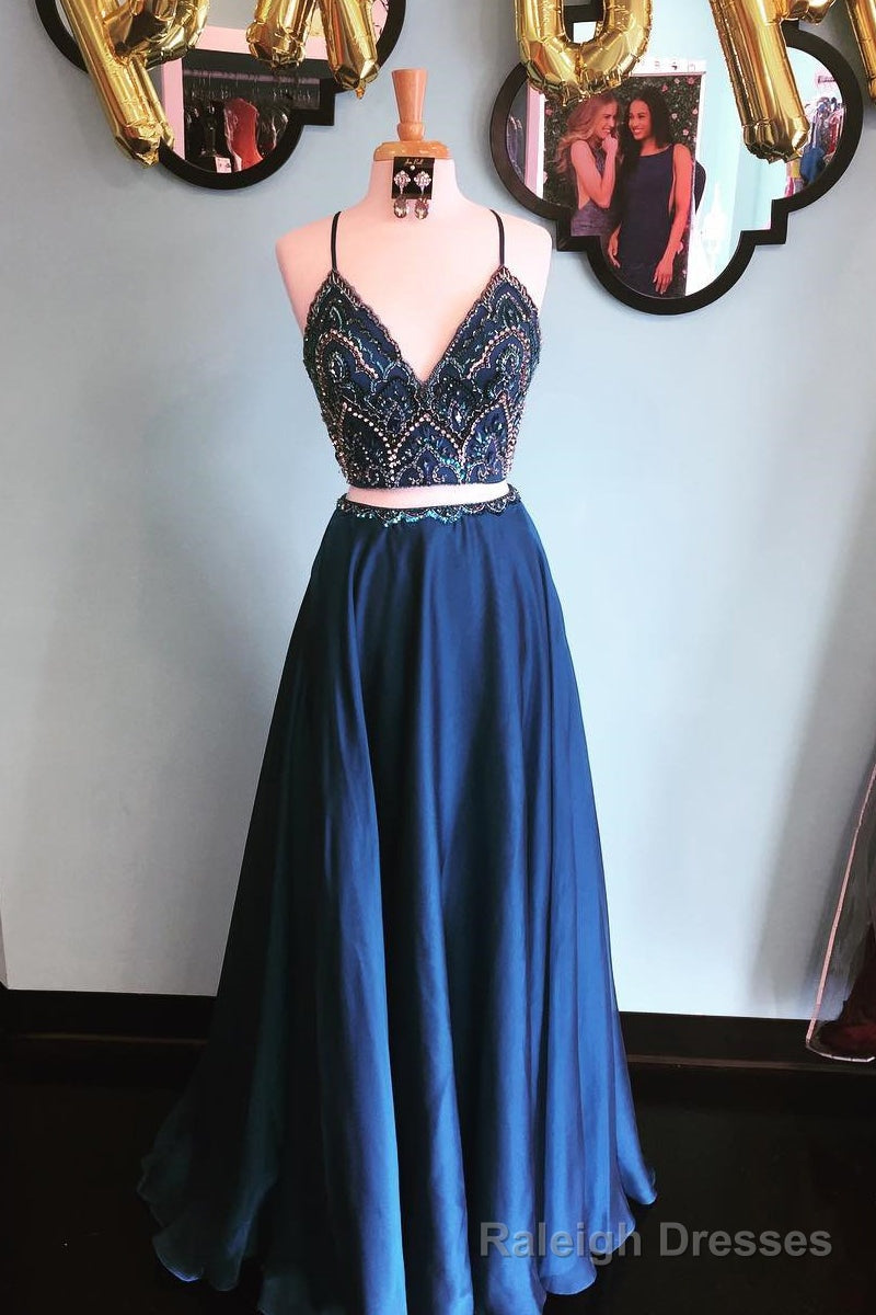 Sparkly Two Piece Sequins Navy Blue Long Prom Dress Main image