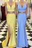 Two Piece Yellow-Blue Mermaid Prom Dresses Long with Side Slit