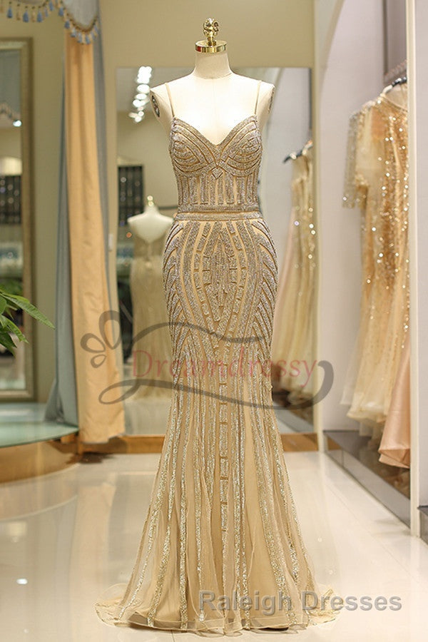 Mermaid Spaghetti Strap Black Beading Long Prom Dresses