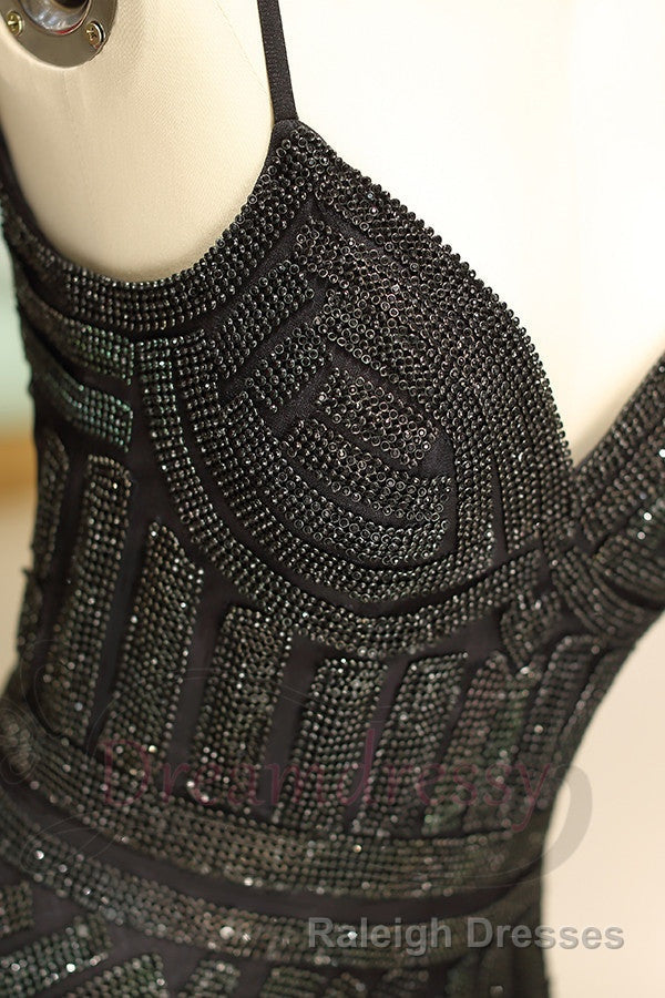 Mermaid Spaghetti Strap Black Beading Long Prom Dresses