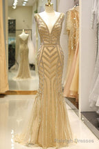Elegant Mermaid Deep V Neck Gold Beaded Long Prom Dress