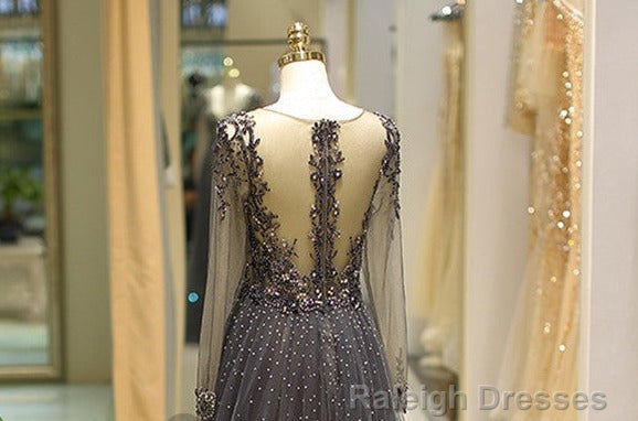 Long Sleeve Grey Beaded Long Prom Dress