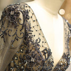 Long Sleeve Grey Beaded Long Prom Dress