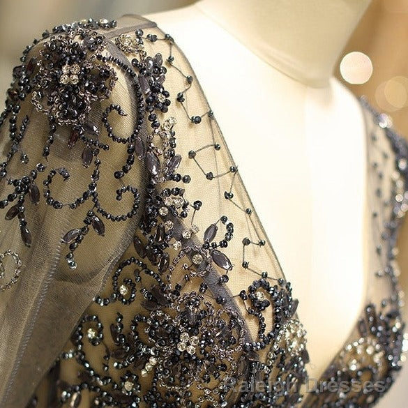 Long Sleeve Grey Beaded Long Prom Dress