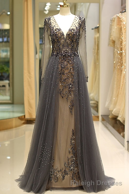 Long Sleeve Grey Beaded Long Prom Dress Main image