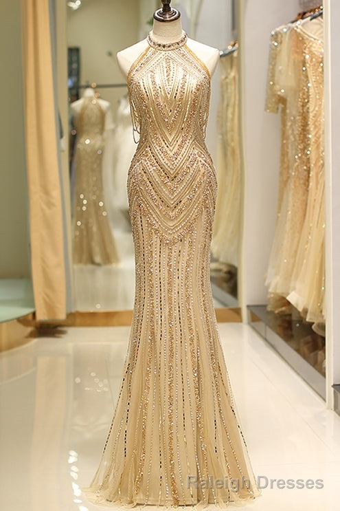 Mermaid High Neck Gold Beaded Long Formal Evening Dress Main image