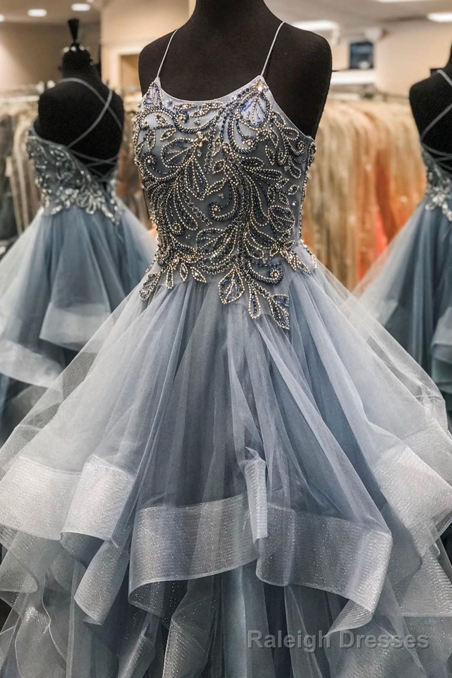 Elegant Lace-Up Cascading Ruffles Blue Tulle Prom Dress Main image