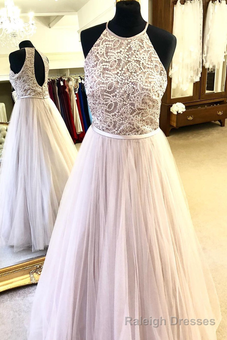 Halter Embroidery Long Prom Dress with Keyhole Back
