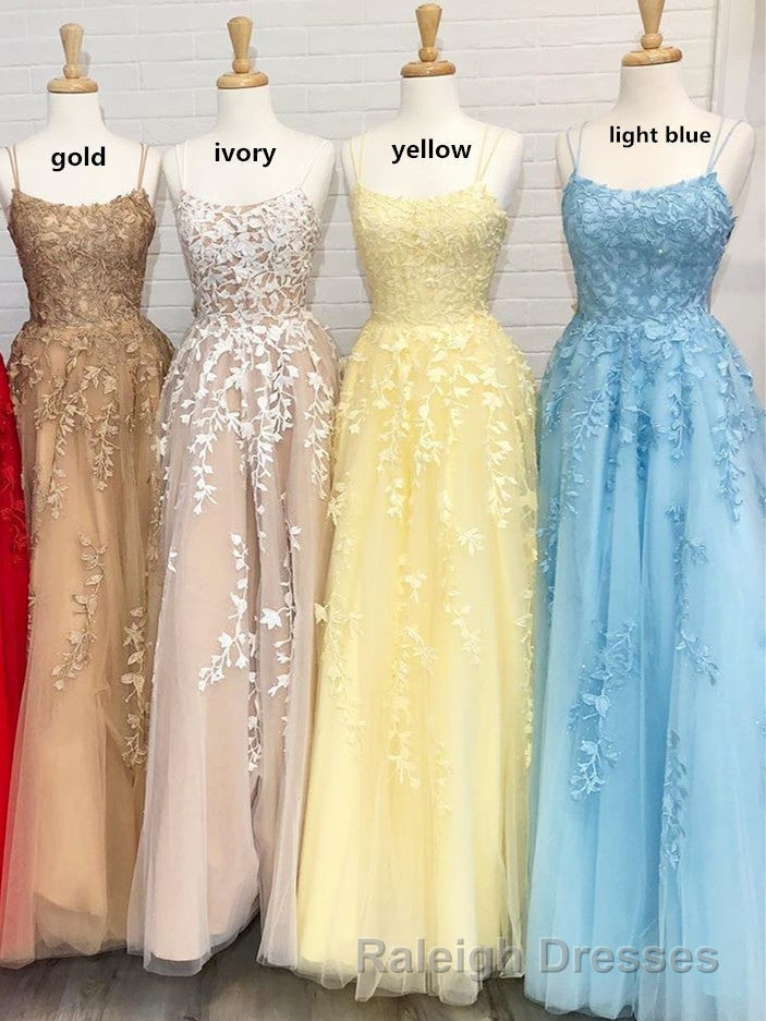 Princess Straps Prom Dresses Long with Lace Appliques