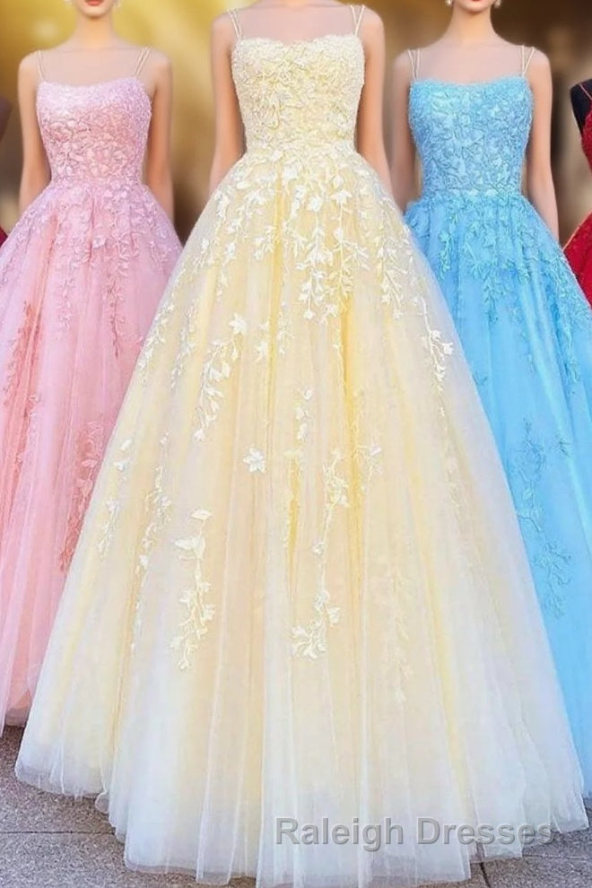 Princess Straps Prom Dresses Long with Lace Appliques