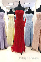 Strapless Light Blue Lace Prom Dresses Long with Slit