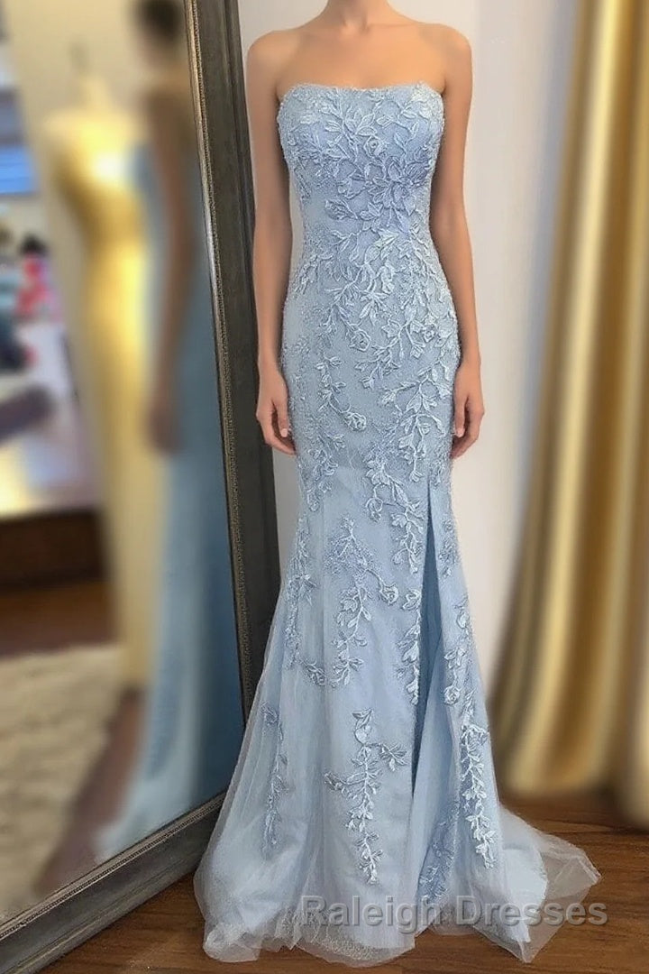 Strapless Light Blue Lace Long Prom Dress with Slit