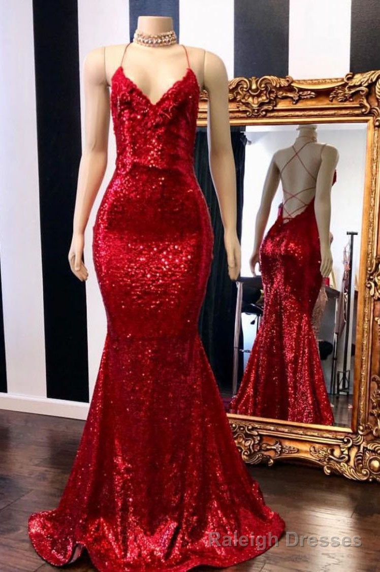 Mermaid Criss Back Red Sequins Long Prom Dress Main image