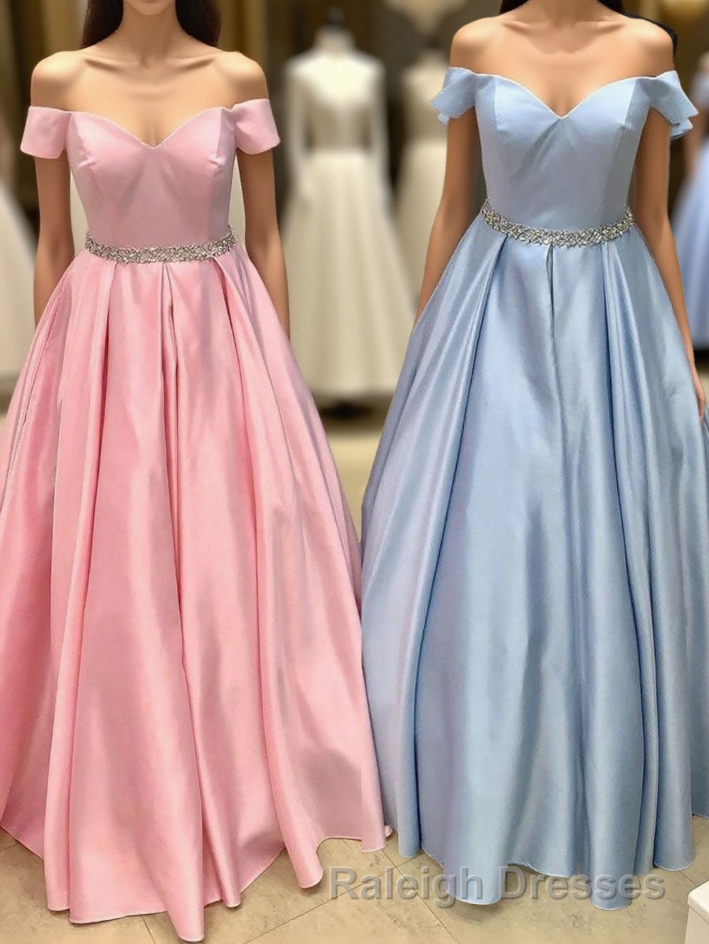 Elegant Off the Shoulder Satin Beaded Long Prom Dress
