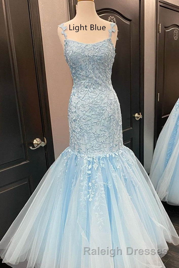 Straps Mermaid Light Blue Lace Appliqued Long Prom Dress Secondary image