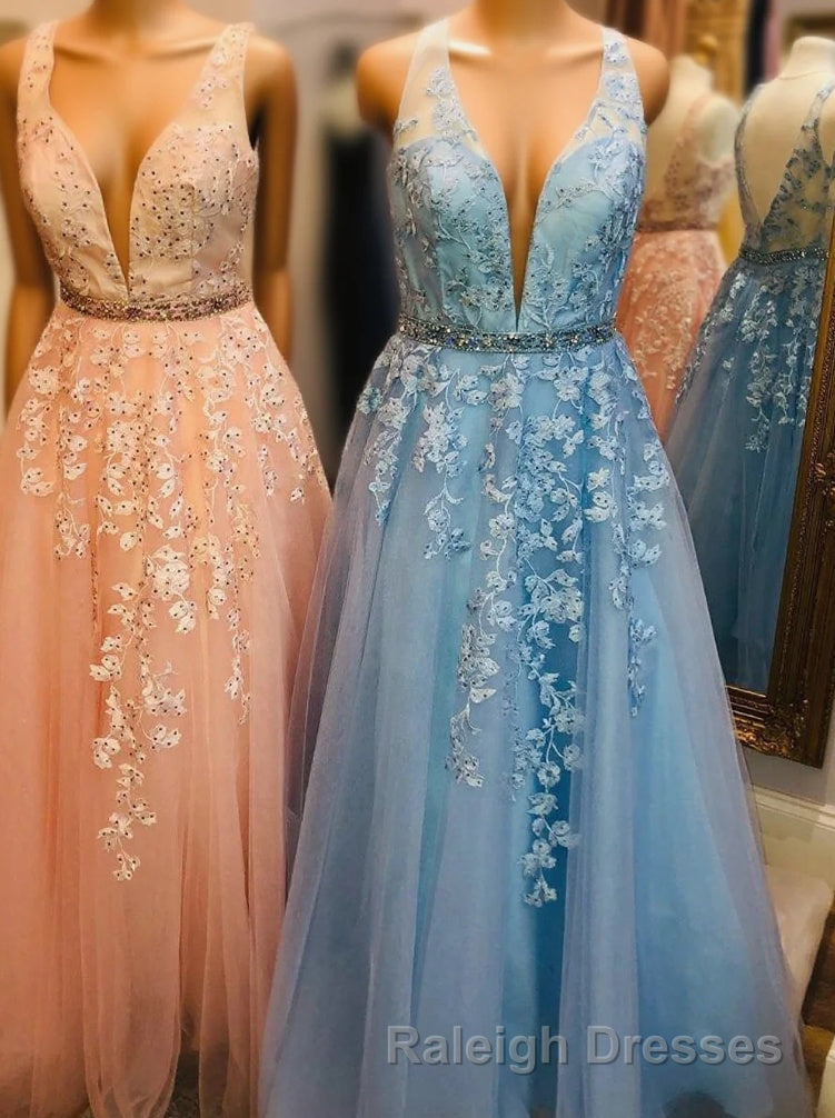 Elegant V Neck Appliques A-Line Long Tulle Prom Dress Main image