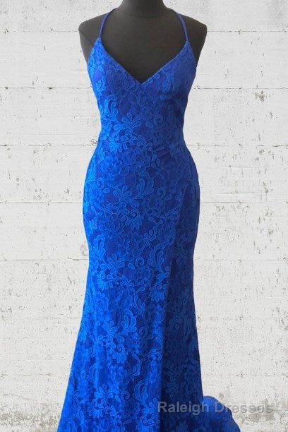 Elegant Lace-up Back Mermaid Royal Blue Long Lace Prom Dress Main image