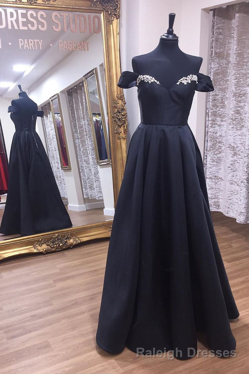 Off Shoulder A-Line Black Long Prom Dress with Beading Top