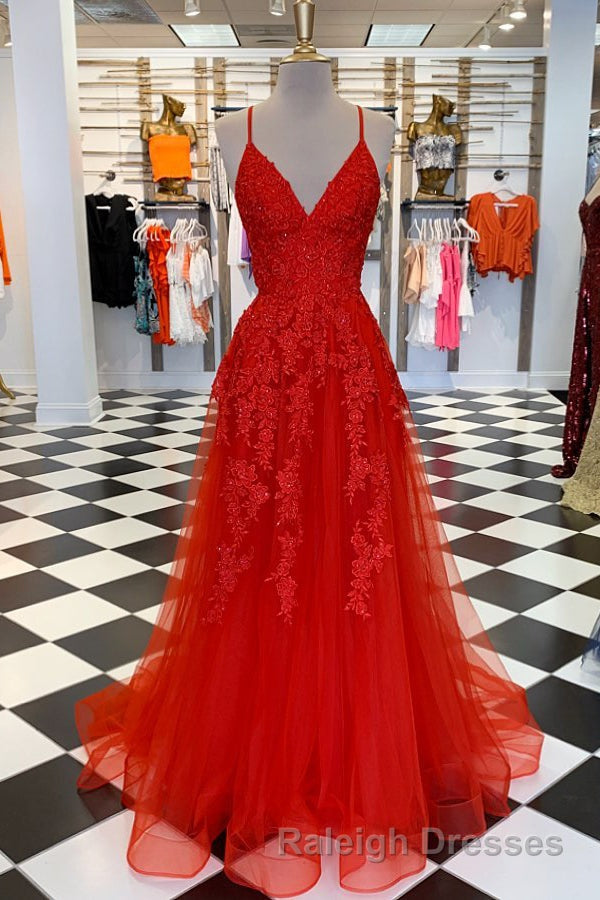 Elegant V Neck A-Line Red Appliqued Long Prom Dress Secondary image