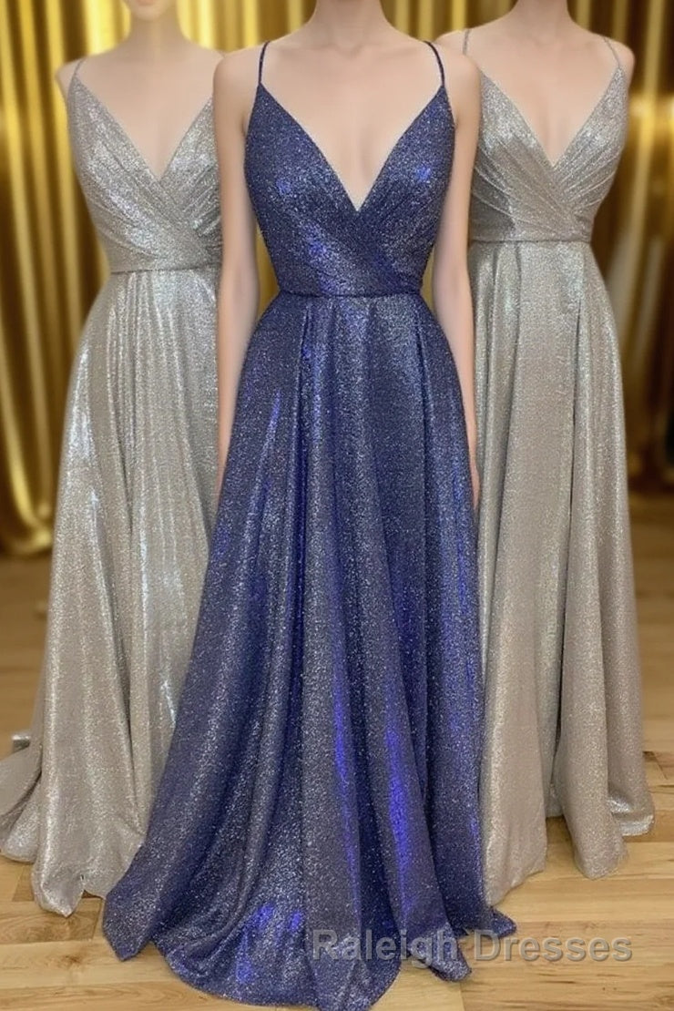 Sparkly V Neck Straps A-Line Long Prom Dress