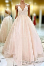 Elegant Straps Lace-Up Back Blush Long Prom Dresses