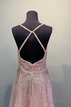 A Line V Neck Sequin Long Pink Prom Dress