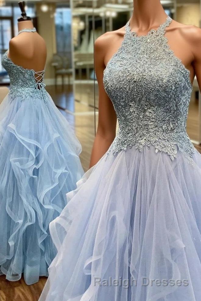 Elegant A-Line Halter Appliques Light Blue Prom Dress Main image