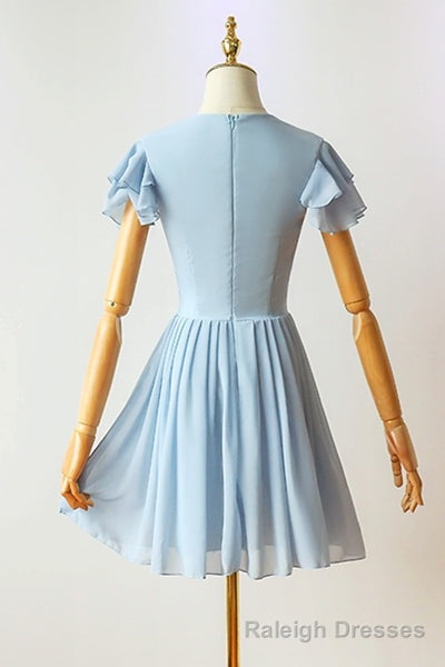 Flutter Sleeves Blue Chiffon Short Homecoming Dress Main image