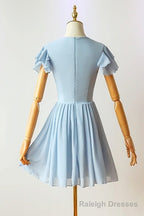 Flutter Sleeves Blue Chiffon Short Homecoming Dress