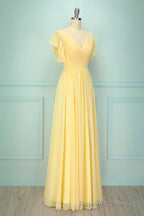 Elegant V Neck Pleated Yellow Bridesmaid Dress with Ruffles