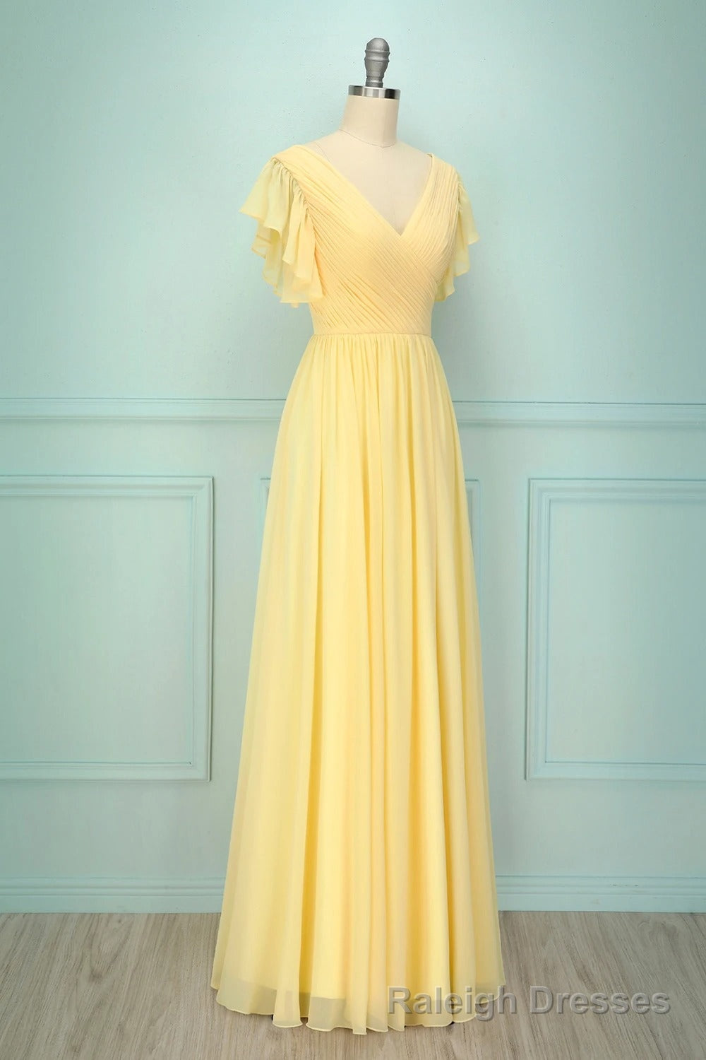 Elegant V Neck Pleated Yellow Bridesmaid Dress with Ruffles