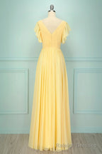 Elegant V Neck Pleated Yellow Bridesmaid Dress with Ruffles