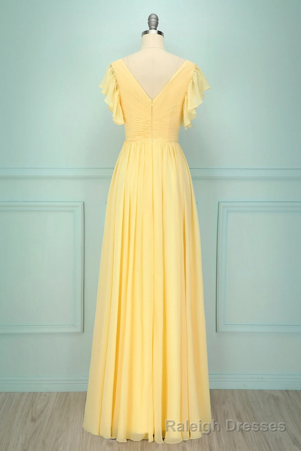 Elegant V Neck Pleated Yellow Bridesmaid Dress with Ruffles