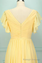 Elegant V Neck Pleated Yellow Bridesmaid Dress with Ruffles