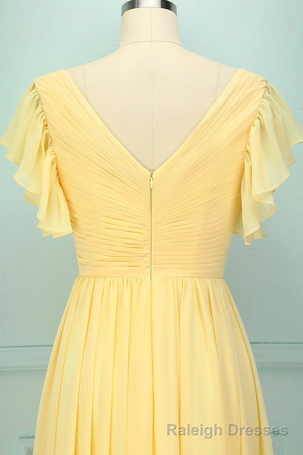 Elegant V Neck Pleated Yellow Bridesmaid Dress with Ruffles