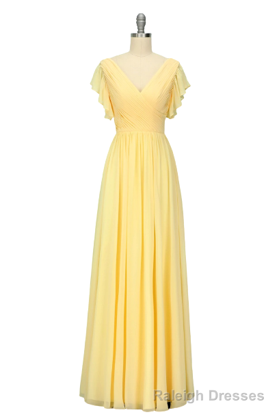 Elegant V Neck Pleated Yellow Bridesmaid Dress with Ruffles