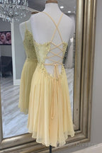 V Neck Yellow beaded Lace Applique Homecoming Dress